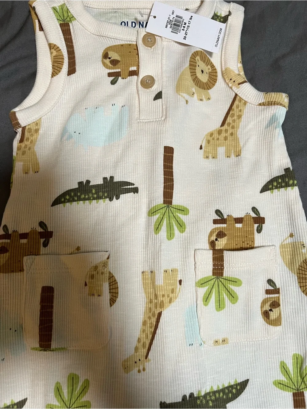 Safari Printed Sleeveless Henley One-Piece Romper for Baby